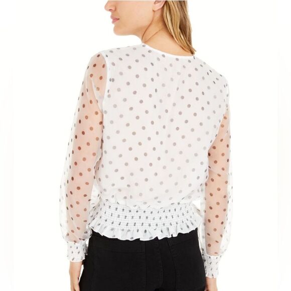 BAR III Women’s White Sheer Polka Dot Long Sleeve V Neck Top - Picture 5 of 9